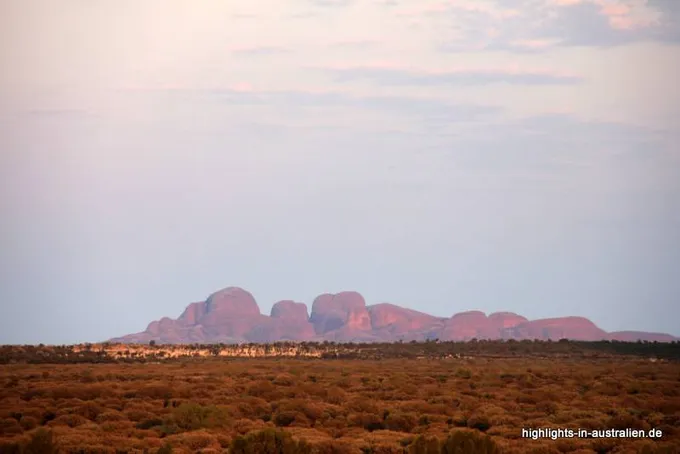Kata Tjuta aus der Ferne bei Sonnenaufgang